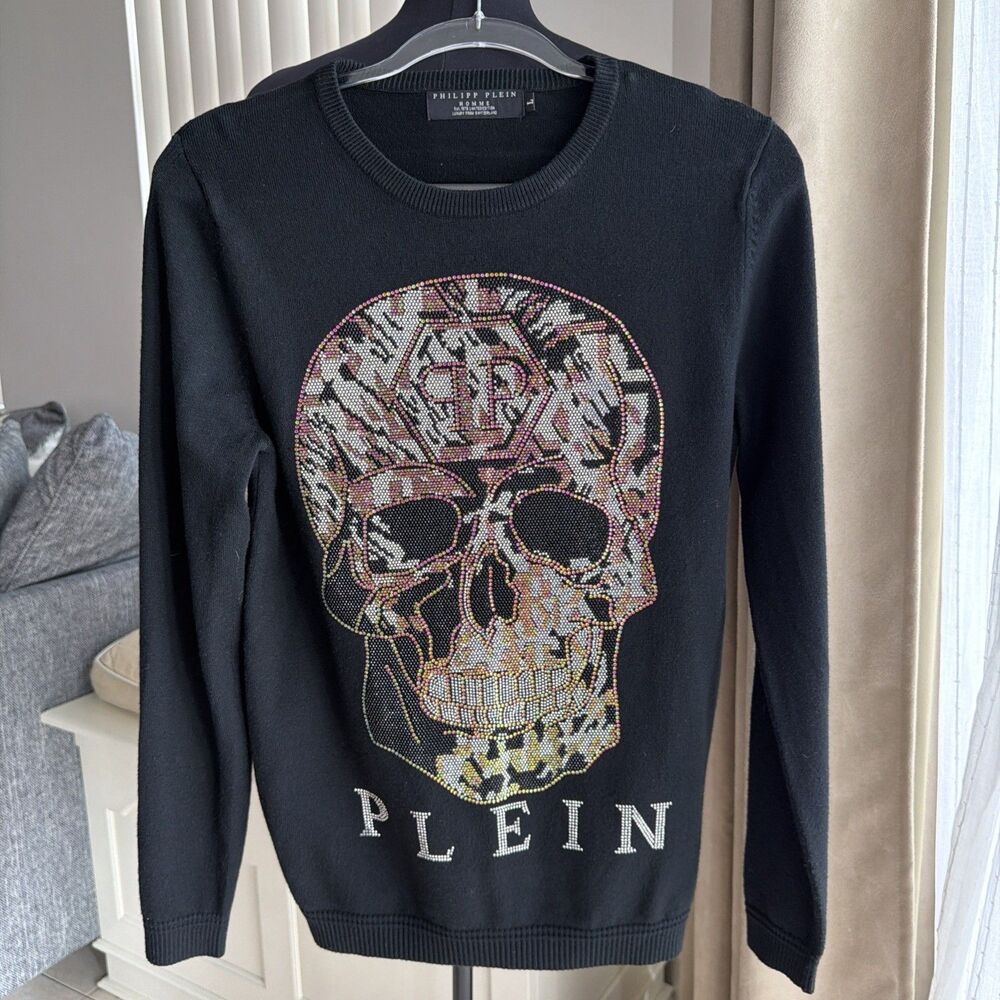 philipp plein Black Knit Rhinestone Skull sweater L